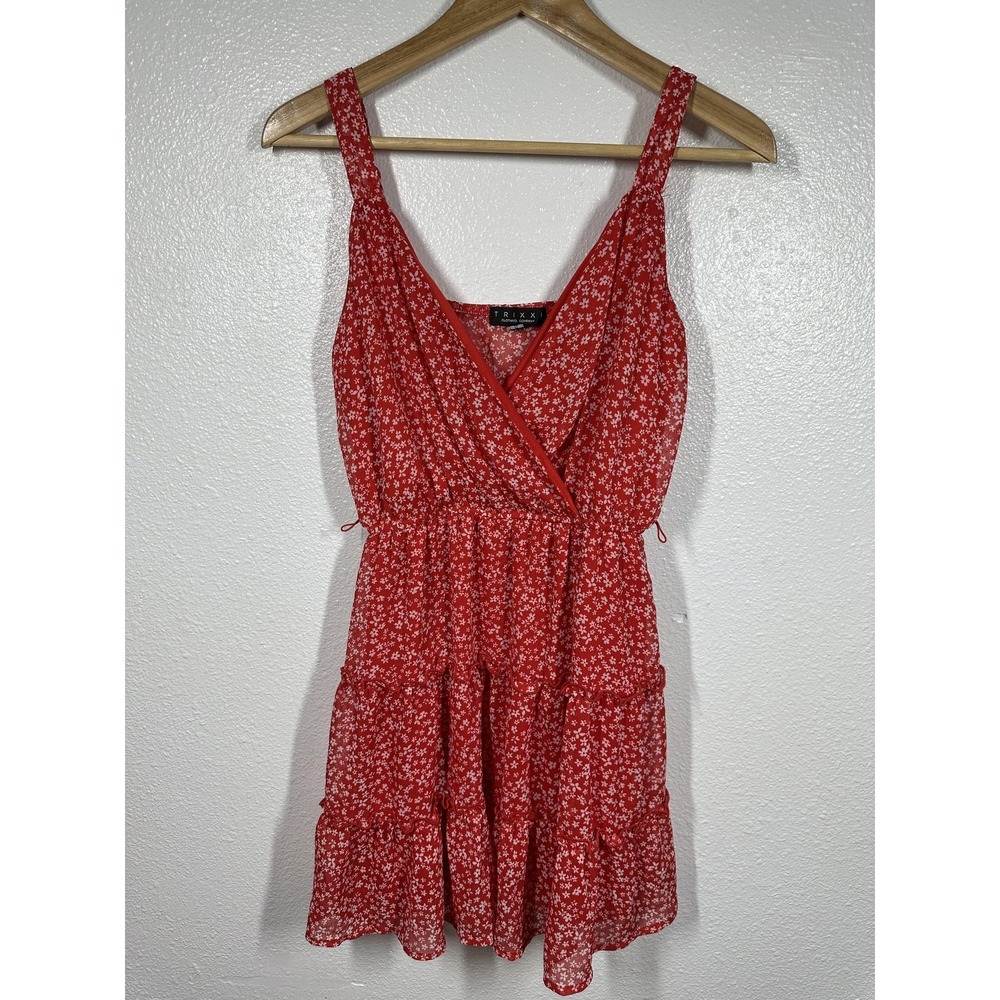 Trixxi Dress Womens Small Red Floral Tiered Ruffle Mini Sleeveless Wrap V Neck‎